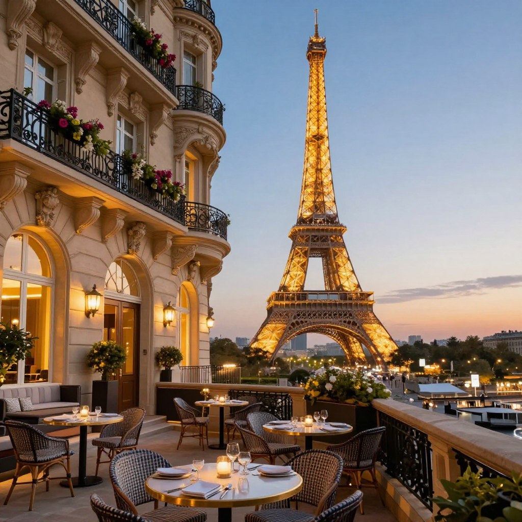 A stunning view of luxurious hotels situated in Paris, showcasing ornate balconies adorned with flowers, elegantly designed to provide a perfect perspective of the Eiffel Tower. In the foreground, tables with stylish chairs invite guests for outdoor dining, capturing the ambiance of Parisian life. The middle ground features beautifully lit hotel facades, illuminated by warm golden lights, reflecting a cozy yet upscale atmosphere. The iconic Eiffel Tower rises majestically in the background, framed by a clear blue sky at sunset, casting a romantic glow. Soft, diffused lighting enhances the overall warmth of the scene, evoking a sense of serenity and enchantment, ideal for travelers seeking the best in iconic tower view lodging.