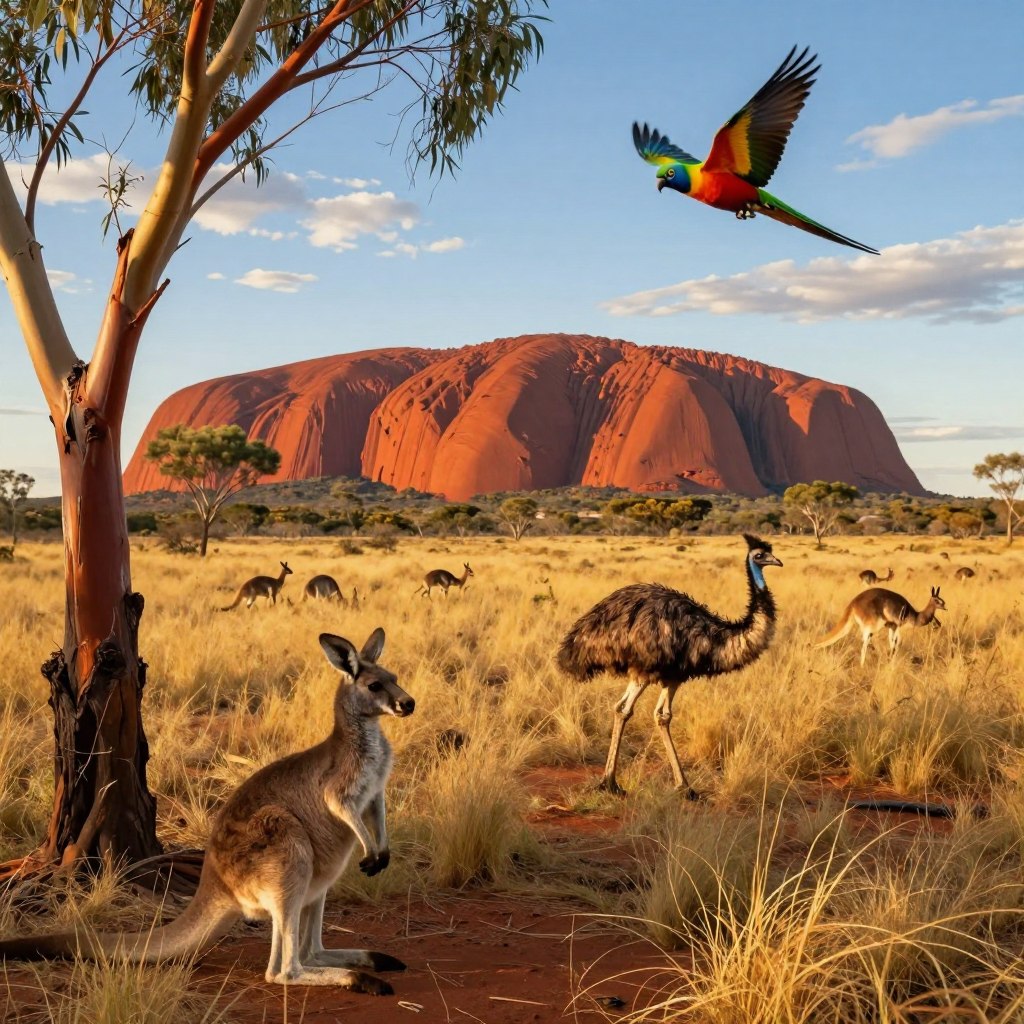 A vibrant Australian outback scene showcasing diverse wildlife encounters. In the foreground, a kangaroo and a koala relax amid native eucalyptus trees, while a vibrant parrot flits overhead. In the middle ground, an emu walks gracefully through the golden grass, and a group of wallabies can be seen in the distance. The background features the iconic red rock formations of Uluru under a brilliantly blue sky, dotted with wispy clouds. The lighting is warm and inviting, mimicking the golden hour just before sunset. Use a wide-angle perspective to capture the expansive beauty of the landscape, evoking a sense of wonder and adventure. The overall mood is serene and exciting, inviting viewers into Australia's rich natural heritage. A vibrant Australian outback scene showcasing diverse wildlife encounters. In the foreground, a kangaroo and a koala relax amid native eucalyptus trees, while a vibrant parrot flits overhead. In the middle ground, an emu walks gracefully through the golden grass, and a group of wallabies can be seen in the distance. The background features the iconic red rock formations of Uluru under a brilliantly blue sky, dotted with wispy clouds. The lighting is warm and inviting, mimicking the golden hour just before sunset. Use a wide-angle perspective to capture the expansive beauty of the landscape, evoking a sense of wonder and adventure. The overall mood is serene and exciting, inviting viewers into Australia's rich natural heritage.