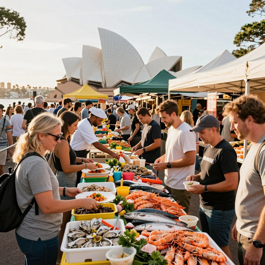 A vibrant outdoor food market in Australia, featuring an array of fresh seafood displays with colorful stalls overflowing with prawns, fish, and oysters. In the foreground, a diverse group of people dressed in modest casual clothing, engaging enthusiastically with vendors and sampling delicacies. The middle ground showcases lively market activity, with chefs preparing dishes and shoppers exploring local produce. In the background, iconic Australian landmarks like the Sydney Opera House or the Great Barrier Reef are subtly integrated, adding context. Warm, natural lighting enhances the scene, creating an inviting atmosphere, as if capturing the essence of a sunny day in Australia, perfect for food enthusiasts. A wide-angle lens perspective provides a sense of depth and vibrancy throughout the market. A vibrant outdoor food market in Australia, featuring an array of fresh seafood displays with colorful stalls overflowing with prawns, fish, and oysters. In the foreground, a diverse group of people dressed in modest casual clothing, engaging enthusiastically with vendors and sampling delicacies. The middle ground showcases lively market activity, with chefs preparing dishes and shoppers exploring local produce. In the background, iconic Australian landmarks like the Sydney Opera House or the Great Barrier Reef are subtly integrated, adding context. Warm, natural lighting enhances the scene, creating an inviting atmosphere, as if capturing the essence of a sunny day in Australia, perfect for food enthusiasts. A wide-angle lens perspective provides a sense of depth and vibrancy throughout the market.