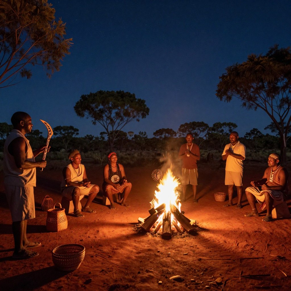 Indigenous Australians engaging in traditional cultural experiences, sharing stories around a campfire beneath a starry night sky. In the foreground, a group of Indigenous men and women wearing modest casual clothing, showcasing traditional art techniques and music. In the middle, the warm firelight casts flickering shadows, illuminating hand-painted boomerangs and woven baskets. The background features a scenic Australian landscape with red earth and native flora, highlighted by the soft glow of the moon. The atmosphere is serene and respectful, evoking a sense of connection to the land and heritage. The image captures the interplay of light and shadow, enhancing the cultural depth and inviting viewers into this immersive experience. Indigenous Australians engaging in traditional cultural experiences, sharing stories around a campfire beneath a starry night sky. In the foreground, a group of Indigenous men and women wearing modest casual clothing, showcasing traditional art techniques and music. In the middle, the warm firelight casts flickering shadows, illuminating hand-painted boomerangs and woven baskets. The background features a scenic Australian landscape with red earth and native flora, highlighted by the soft glow of the moon. The atmosphere is serene and respectful, evoking a sense of connection to the land and heritage. The image captures the interplay of light and shadow, enhancing the cultural depth and inviting viewers into this immersive experience.