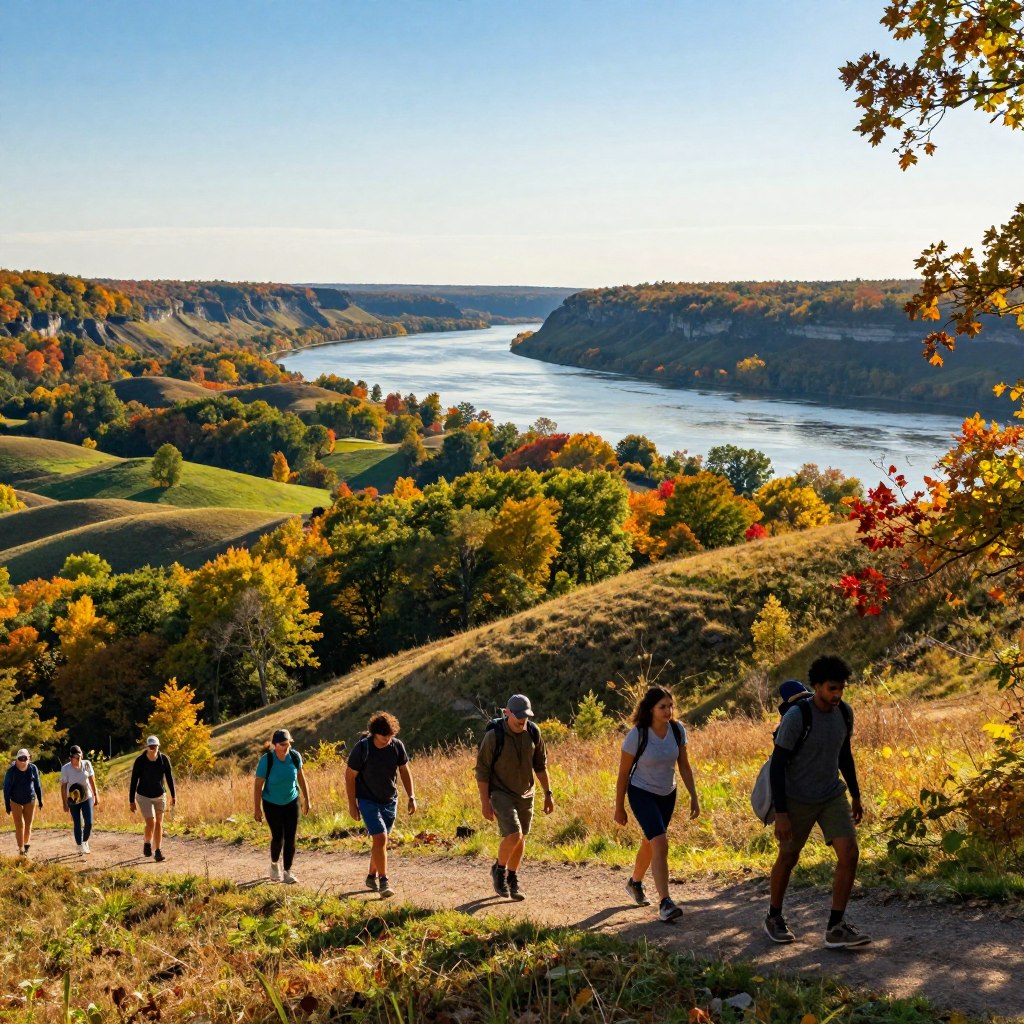 A breathtaking view of Illinois' diverse landscapes, showcasing a vibrant outdoor adventure scene. In the foreground, a group of diverse people dressed in modest casual clothing enjoys a lively hike along a scenic path. The middle ground features rolling hills dotted with lush green forests, and a sparkling lake reflecting the clear blue sky. Towering over the horizon, the backdrop showcases the majestic bluffs of the Mississippi River, framed by colorful autumn foliage. Capture the warm glow of golden hour lighting, enhancing the natural beauty with soft shadows. The atmosphere should feel invigorating and adventurous, inviting the viewer to explore the various activities Illinois landscapes offer. Use an expansive wide-angle perspective to encompass the grandeur of the scenery. A breathtaking view of Illinois' diverse landscapes, showcasing a vibrant outdoor adventure scene. In the foreground, a group of diverse people dressed in modest casual clothing enjoys a lively hike along a scenic path. The middle ground features rolling hills dotted with lush green forests, and a sparkling lake reflecting the clear blue sky. Towering over the horizon, the backdrop showcases the majestic bluffs of the Mississippi River, framed by colorful autumn foliage. Capture the warm glow of golden hour lighting, enhancing the natural beauty with soft shadows. The atmosphere should feel invigorating and adventurous, inviting the viewer to explore the various activities Illinois landscapes offer. Use an expansive wide-angle perspective to encompass the grandeur of the scenery.