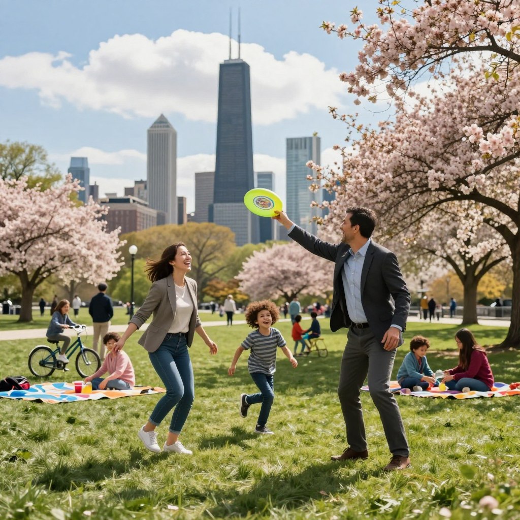 A lively family enjoying a day of adventure in Illinois. In the foreground, a father and mother, wearing casual but modest clothing, throw a frisbee to their two children who are laughing and running. The middle ground showcases a vibrant park setting, with colorful picnic blankets spread on the green grass, surrounded by trees in full bloom. Nearby, other families engage in a variety of activities like biking and playing games, evoking a sense of community and joy. In the background, the iconic Chicago skyline looms, under a bright blue sky with soft, fluffy clouds. Soft sunlight filters through the trees, creating a warm and inviting atmosphere, capturing the essence of family fun and adventure in the heart of Illinois. A lively family enjoying a day of adventure in Illinois. In the foreground, a father and mother, wearing casual but modest clothing, throw a frisbee to their two children who are laughing and running. The middle ground showcases a vibrant park setting, with colorful picnic blankets spread on the green grass, surrounded by trees in full bloom. Nearby, other families engage in a variety of activities like biking and playing games, evoking a sense of community and joy. In the background, the iconic Chicago skyline looms, under a bright blue sky with soft, fluffy clouds. Soft sunlight filters through the trees, creating a warm and inviting atmosphere, capturing the essence of family fun and adventure in the heart of Illinois.