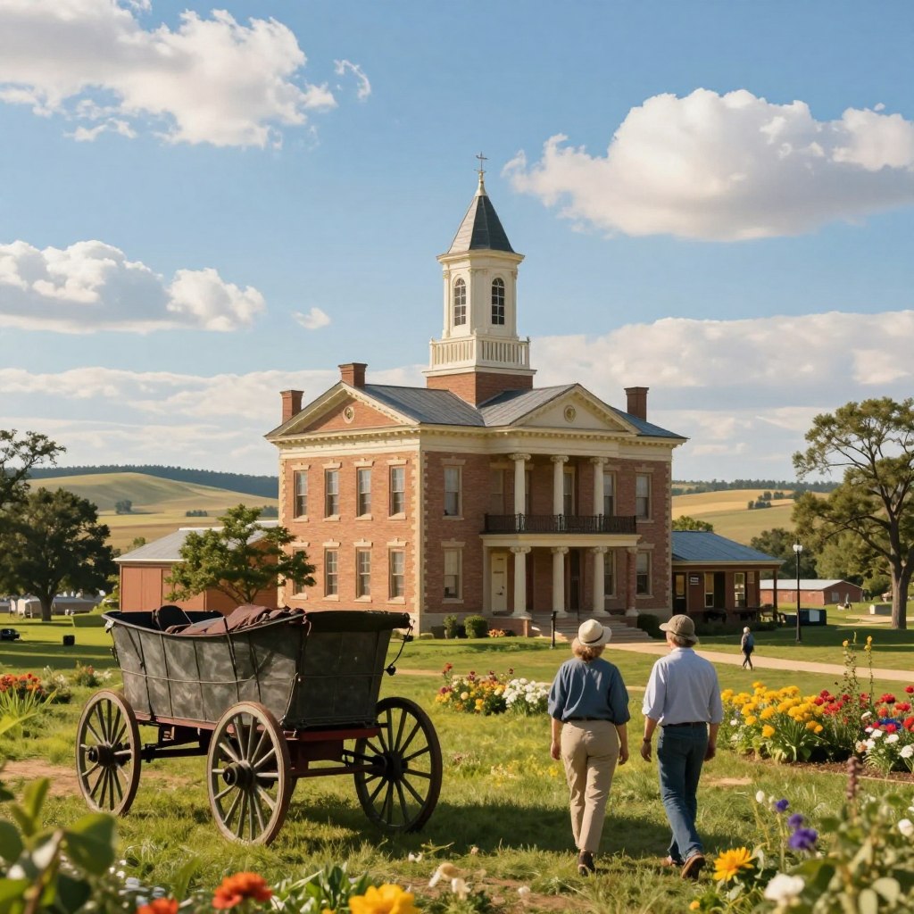 A picturesque view showcasing Kansas history and heritage, with a foreground featuring a vintage wagon and a pair of adults in modest casual clothing exploring a historical site. The middle ground presents a majestic, restored 19th-century courthouse surrounded by lush greenery and vibrant flowers, illustrating the grandeur of the past. In the background, the vast Kansas horizon stretches, adorned with rolling hills and a bright blue sky dotted with fluffy white clouds. Golden sunlight bathes the scene, creating a warm, inviting atmosphere. Capture this scene from a slightly elevated angle, using a soft focus to emphasize the historical elements while conveying exploration and discovery. A picturesque view showcasing Kansas history and heritage, with a foreground featuring a vintage wagon and a pair of adults in modest casual clothing exploring a historical site. The middle ground presents a majestic, restored 19th-century courthouse surrounded by lush greenery and vibrant flowers, illustrating the grandeur of the past. In the background, the vast Kansas horizon stretches, adorned with rolling hills and a bright blue sky dotted with fluffy white clouds. Golden sunlight bathes the scene, creating a warm, inviting atmosphere. Capture this scene from a slightly elevated angle, using a soft focus to emphasize the historical elements while conveying exploration and discovery.