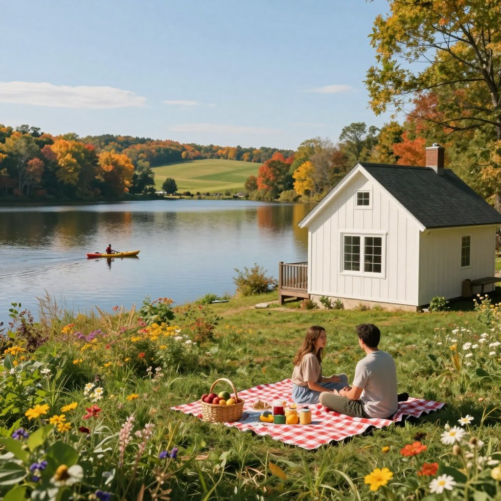 A scenic view of a tranquil weekend getaway in Illinois, showcasing a charming lakeside cabin surrounded by lush greenery and blooming wildflowers. In the foreground, a peaceful picnic setup with a classic checkered blanket, a basket filled with fruits, and a couple enjoying their leisure time in modest casual clothing. The middle ground features a serene lake reflecting the clear blue sky, with kayakers paddling gently across the water. In the background, gentle rolling hills create a picturesque landscape, dotted with trees in vibrant autumn colors. Soft, warm lighting enhances the inviting mood of relaxation and adventure, captured with a wide-angle lens to encompass the beauty of nature. The atmosphere is serene, inviting viewers to escape and explore the joys of Illinois getaways. A scenic view of a tranquil weekend getaway in Illinois, showcasing a charming lakeside cabin surrounded by lush greenery and blooming wildflowers. In the foreground, a peaceful picnic setup with a classic checkered blanket, a basket filled with fruits, and a couple enjoying their leisure time in modest casual clothing. The middle ground features a serene lake reflecting the clear blue sky, with kayakers paddling gently across the water. In the background, gentle rolling hills create a picturesque landscape, dotted with trees in vibrant autumn colors. Soft, warm lighting enhances the inviting mood of relaxation and adventure, captured with a wide-angle lens to encompass the beauty of nature. The atmosphere is serene, inviting viewers to escape and explore the joys of Illinois getaways.