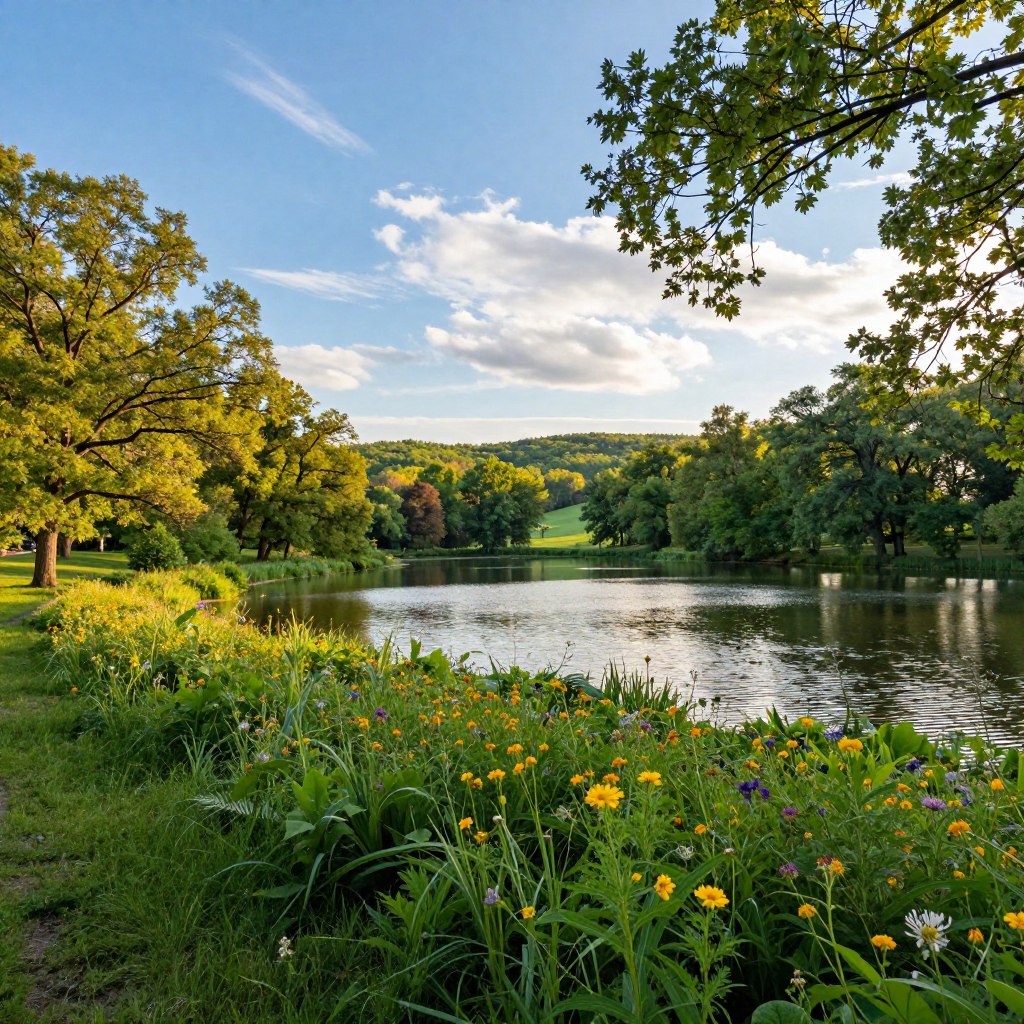 A serene scene captured in one of Illinois's picturesque state parks, featuring lush greenery and vibrant wildflowers in the foreground. A tranquil lake reflects the bright blue sky, with gently rippling waters. In the middle ground, diverse trees like oaks and maples provide a backdrop, their leaves fluttering in the soft breeze. The distant hills create a rolling landscape, bathed in warm, golden sunlight filtering through wispy clouds. The scene is framed by a gentle path inviting exploration. The atmosphere is peaceful and rejuvenating, highlighting the natural beauty and tranquility of Illinois's outdoor treasures. Shot with a wide-angle lens to capture the expansive beauty, emphasizing depth and a sense of adventure. A serene scene captured in one of Illinois's picturesque state parks, featuring lush greenery and vibrant wildflowers in the foreground. A tranquil lake reflects the bright blue sky, with gently rippling waters. In the middle ground, diverse trees like oaks and maples provide a backdrop, their leaves fluttering in the soft breeze. The distant hills create a rolling landscape, bathed in warm, golden sunlight filtering through wispy clouds. The scene is framed by a gentle path inviting exploration. The atmosphere is peaceful and rejuvenating, highlighting the natural beauty and tranquility of Illinois's outdoor treasures. Shot with a wide-angle lens to capture the expansive beauty, emphasizing depth and a sense of adventure.