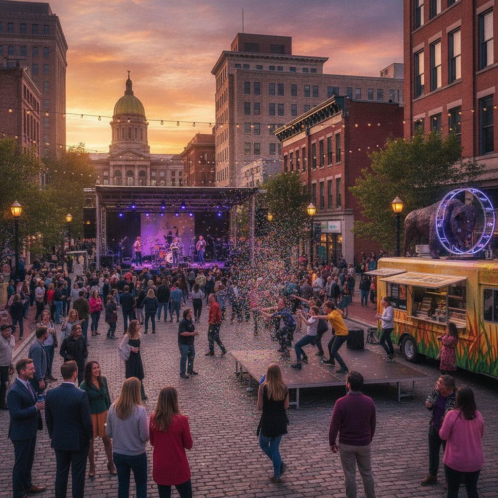 A vibrant city scene depicting unique entertainment options in Iowa’s urban centers. In the foreground, a diverse group of people in professional business attire and modest casual clothing, engaging in lively conversation and enjoying street performances. The middle ground features eye-catching elements like food trucks, outdoor art installations, and a small stage with musicians playing. In the background, iconic Iowa city architecture, with a sunset casting warm golden light over the skyline. The atmosphere is festive and inviting, with colorful lights illuminating the street. Use a wide-angle lens perspective to capture the bustling energy and dynamic ambiance of urban entertainment in Iowa. A vibrant city scene depicting unique entertainment options in Iowa’s urban centers. In the foreground, a diverse group of people in professional business attire and modest casual clothing, engaging in lively conversation and enjoying street performances. The middle ground features eye-catching elements like food trucks, outdoor art installations, and a small stage with musicians playing. In the background, iconic Iowa city architecture, with a sunset casting warm golden light over the skyline. The atmosphere is festive and inviting, with colorful lights illuminating the street. Use a wide-angle lens perspective to capture the bustling energy and dynamic ambiance of urban entertainment in Iowa.